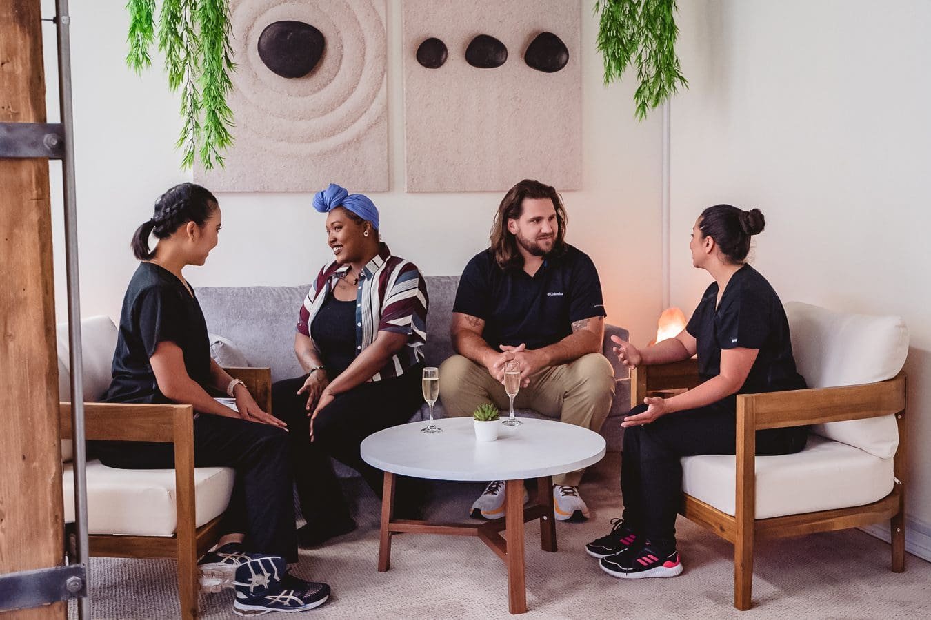 Happy Conversation at Zen'd Out Couples Massage Spa
