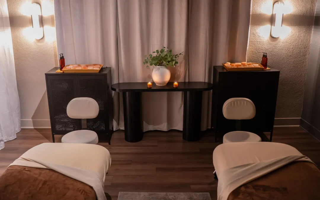 Luxury spa treatment room featuring two massage tables, soft lighting, and a relaxing atmosphere Please remove the inline image